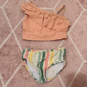 Ruffled Peach One-Shoulder Bikini Top with Pastel Stripe Bottoms